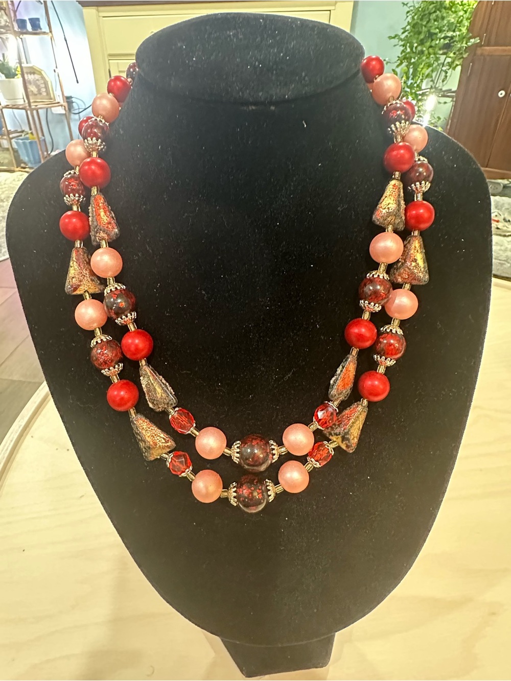 Japna Vintage Red & Pink Double Strand Glass Necklace